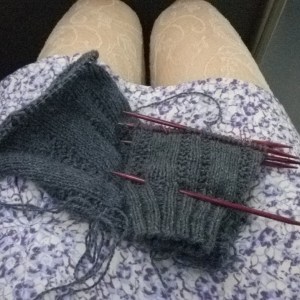 Bus knitting sleeves for Nick's sweater today